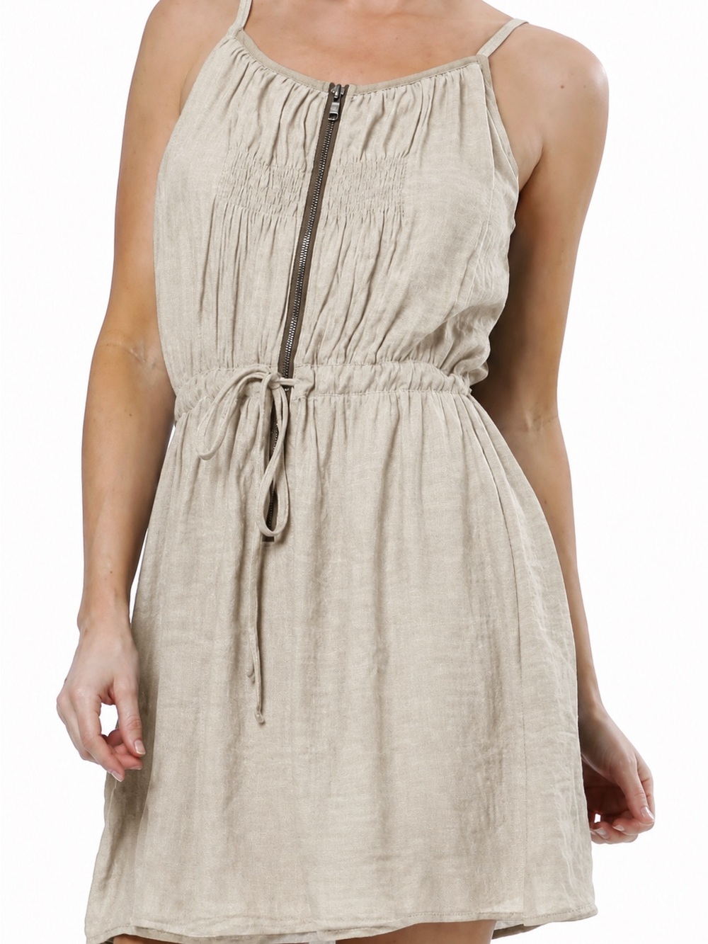 Mystree Dress Womens Large L Gray Tan Gauze Linen Blend Zip Tank Tie Waist GUC